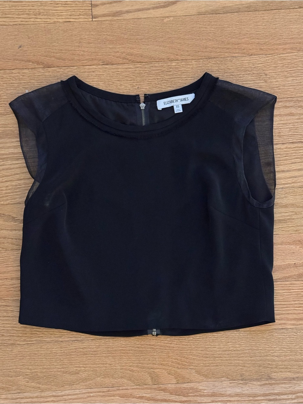 Elizabeth and James Black Sheer Cap-Sleeve Crop Blouse